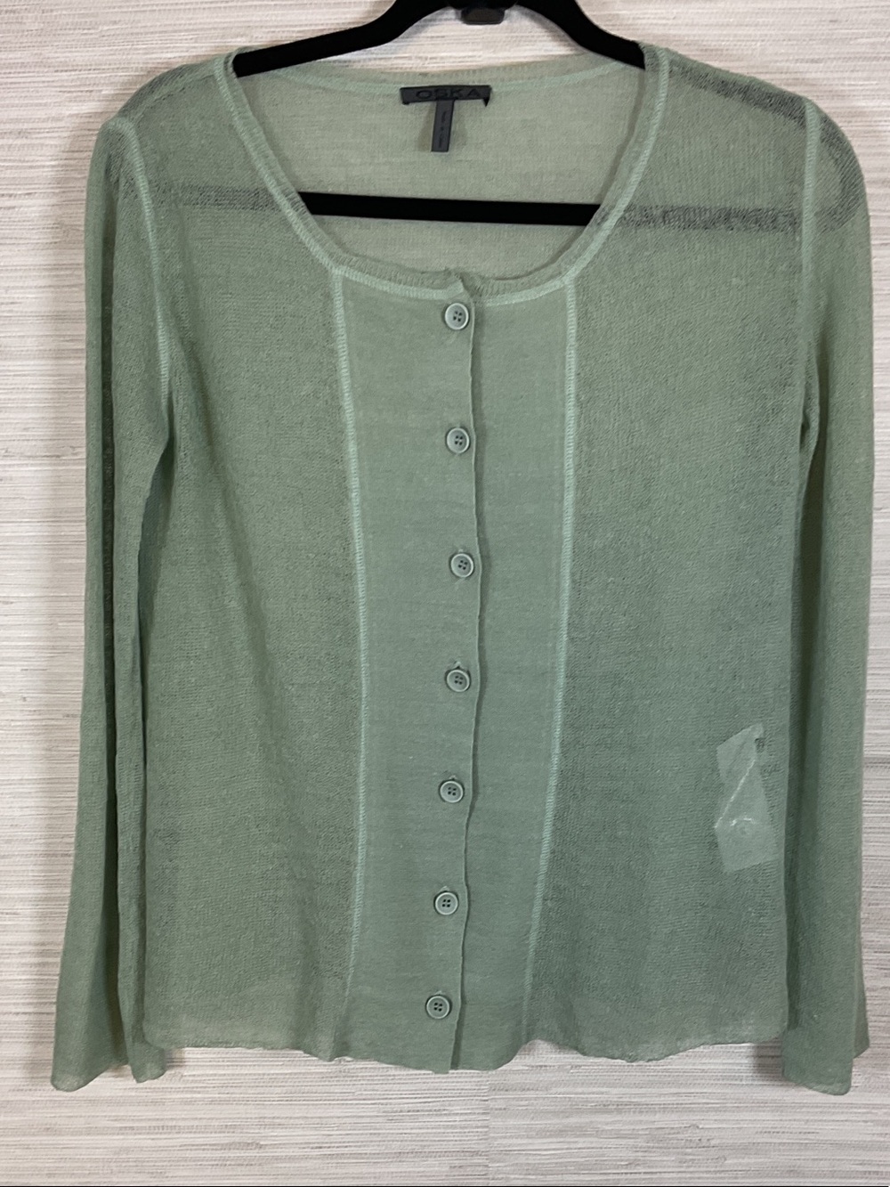 OSKA Linen Blend Sheer Mesh Button Up Cardigan Sea Foam Green Small 0 4/6